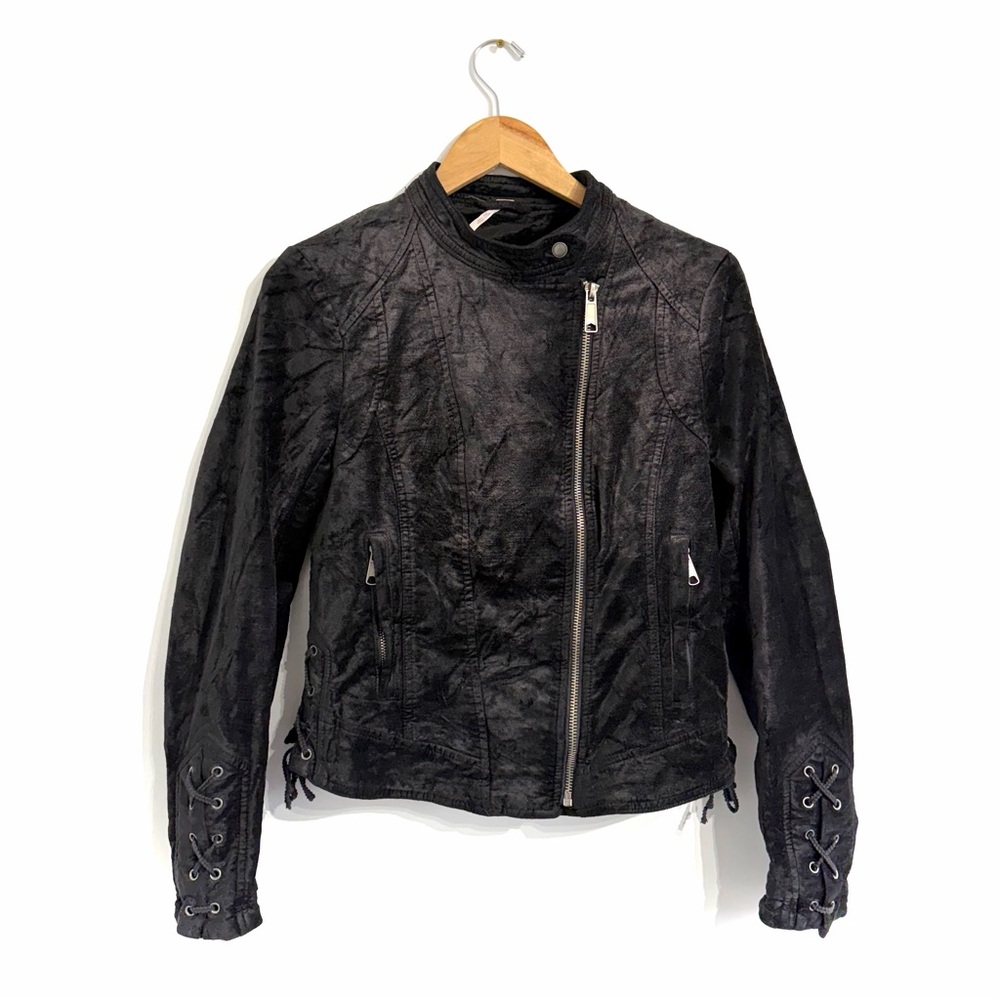 Free People Moto jacket flocked crushed velvet black lace up accents